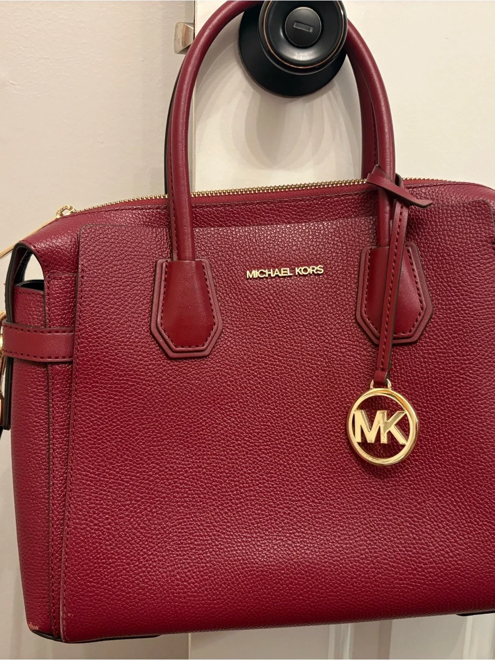 Michael Kors Wine Red Pebbled Leather Satchel with Gold Hardware
